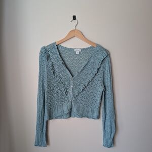 Sundance Crochet Ruffle V-Neck Cardigan Sweater - Seafoam
